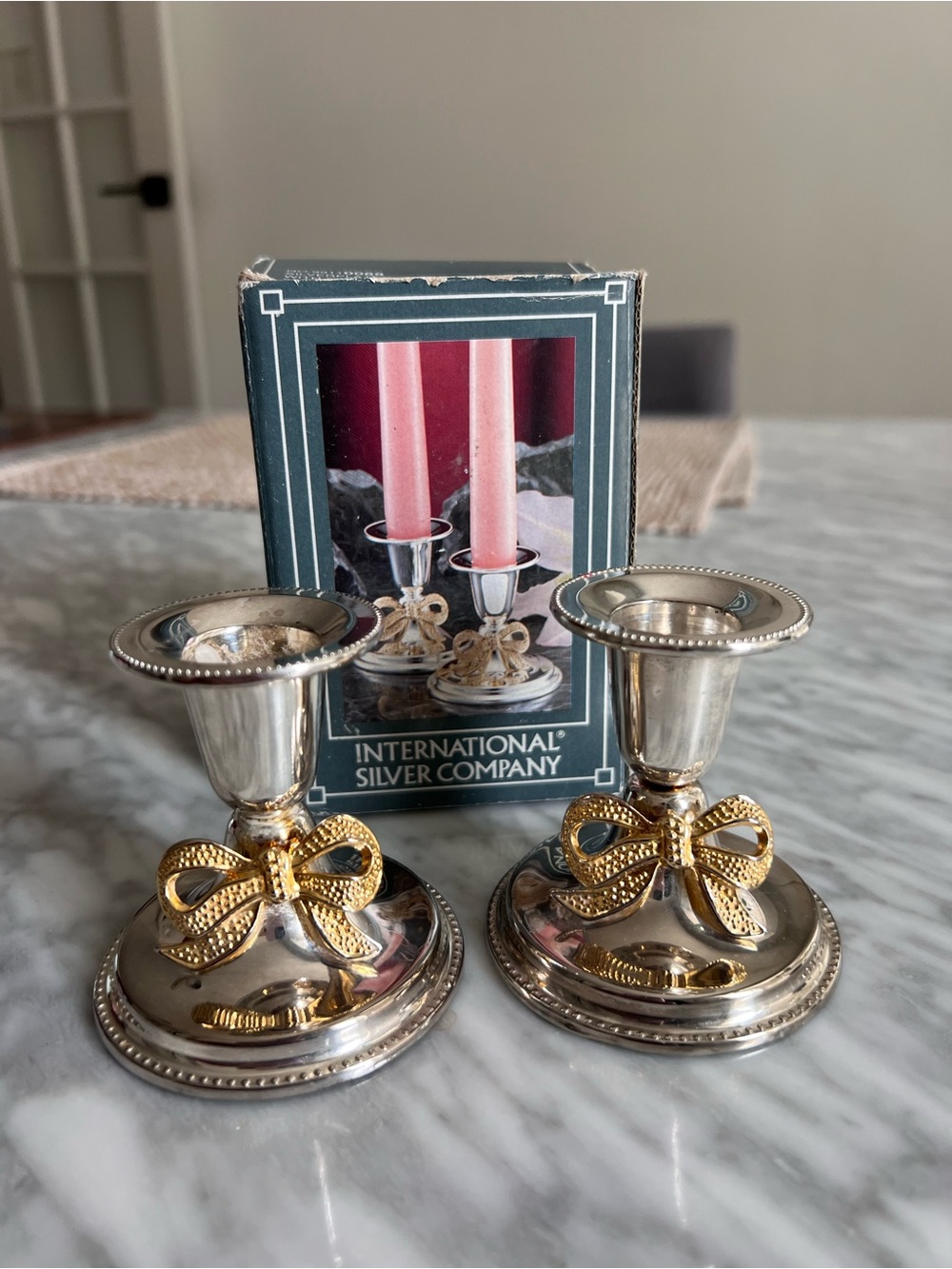 Vintage Silver Plated Bow Candle Holders - Gold Accent